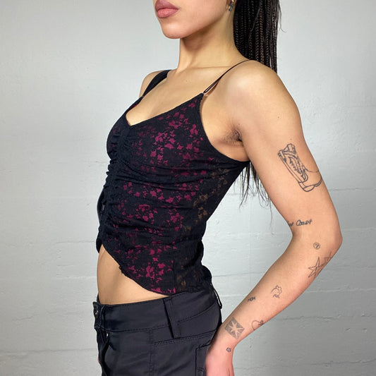 Vintage 2000's Vamp Goth Garnet Butterfly Cut Top with Black Floral Lacing (S)