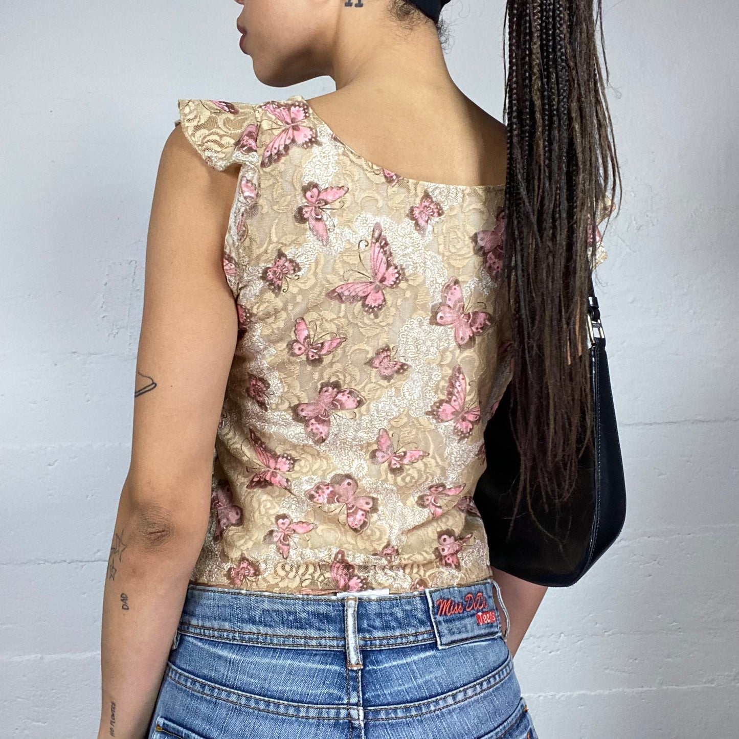 Vintage 2000's Downtown Girl Beige Top with Pink Butterflies Print (S)