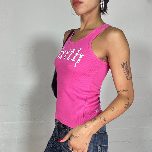 Vintage 2000's Barbie Core Pink Top with White "Faith" Print and Rhinestones Detail (S)
