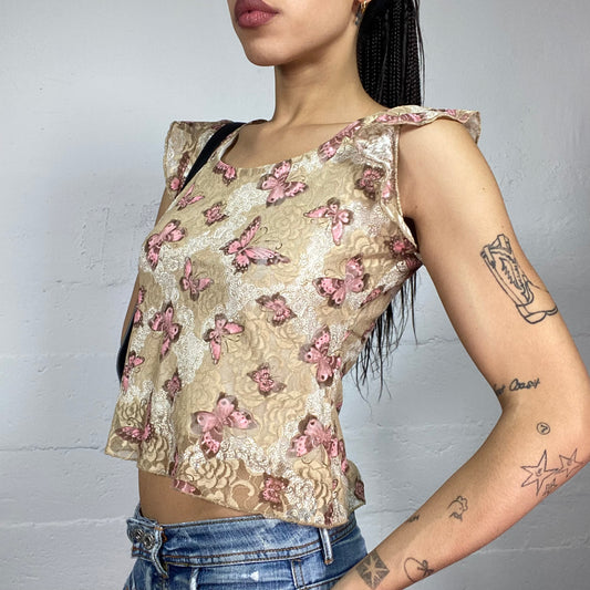Vintage 2000's Downtown Girl Beige Top with Pink Butterflies Print (S)