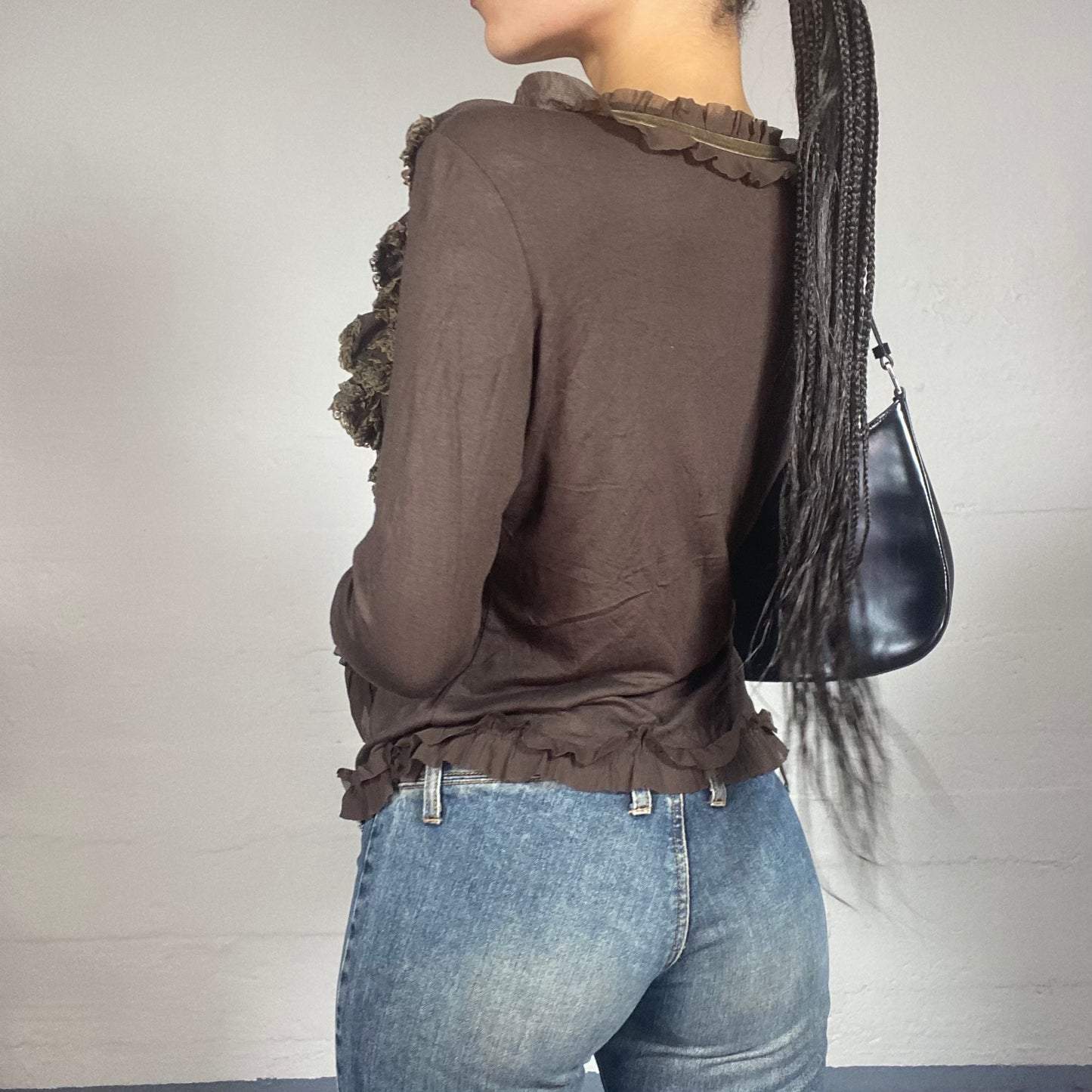 Vintage 2000's Boho Girl Brown Longsleeve Shirt Top with Frills Detail (M)