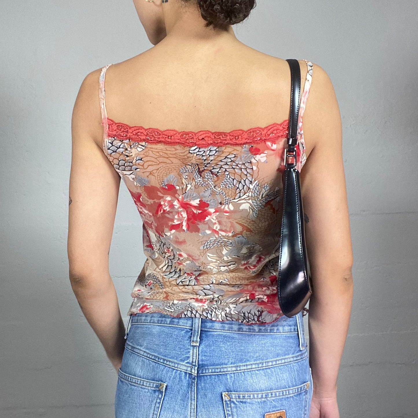 Vintage 90's Hippie Beige Top with Red Sakura & Dragon Print (S/M)