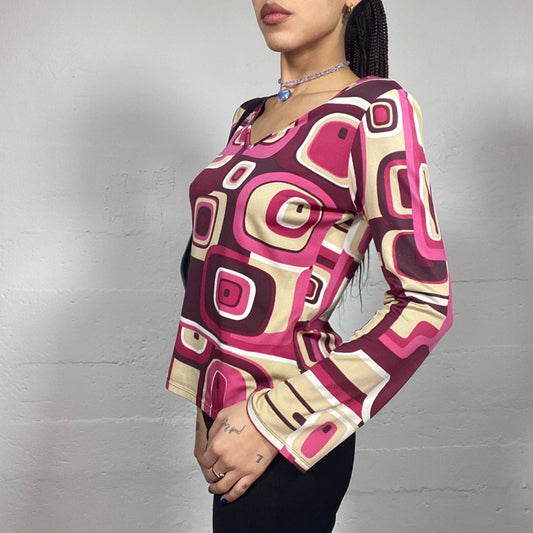 Vintage 2000's Funky Purple and Garnet Longsleeve Top with Groovy Maxi Print (M/L)
