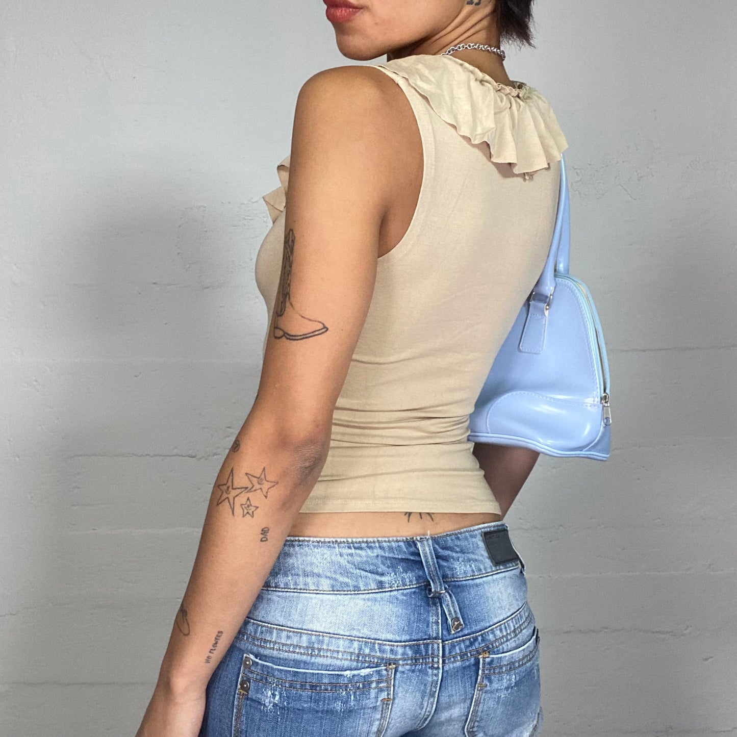Vintage 2000's Cow Girl Beige Top with Frilled Collar Detail (S)
