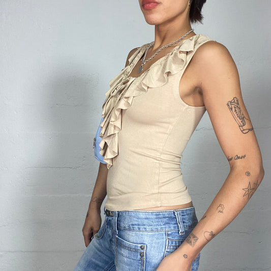 Vintage 2000's Cow Girl Beige Top with Frilled Collar Detail (S)