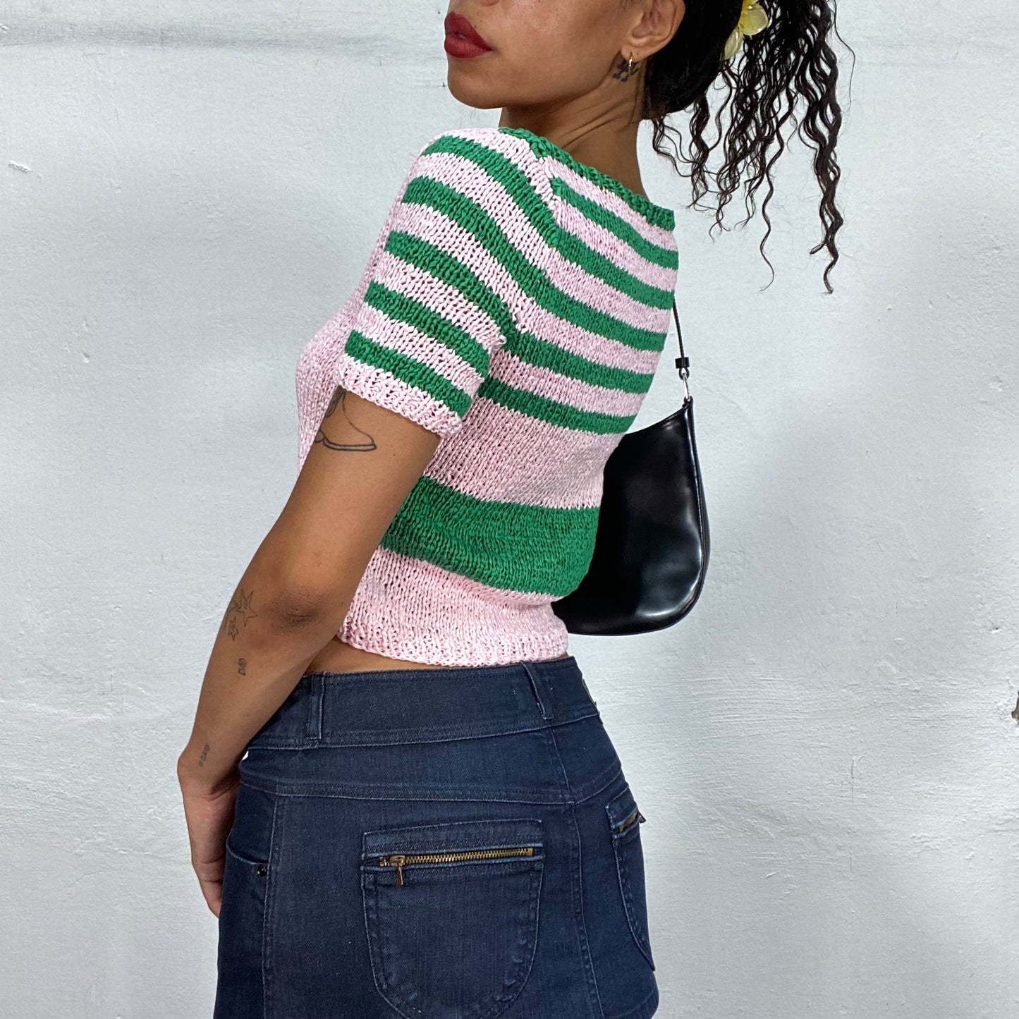 Vintage 90's Cute Girl Pink Crochet Top with Green Striped Detail (S/M)