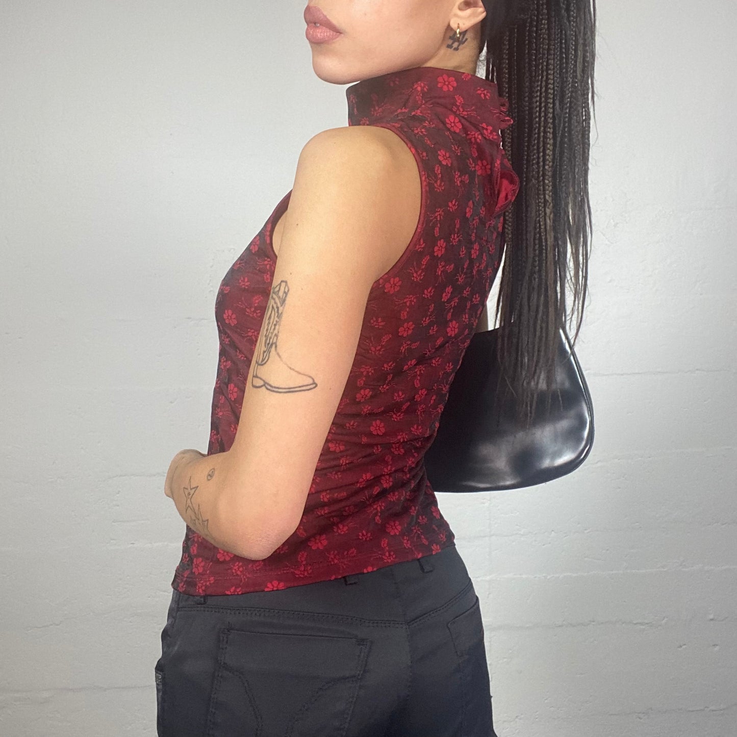 Vintage 2000's Vamp Goth Garnet Highneck Top with Floral Print (S)