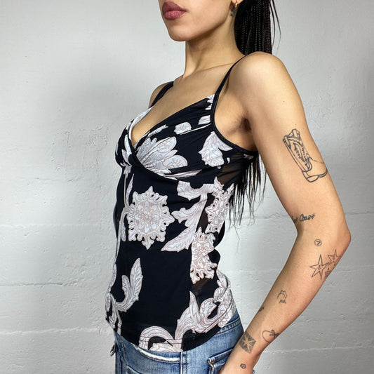 Vintage 2000's Romantic Black Top with White Maxi Floral Print (S)