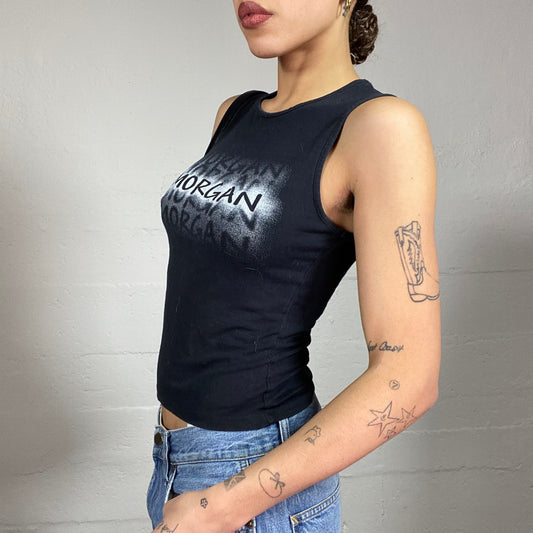 Vintage 2000's Morgan Black Tank Top with 'Sprayed' Brand Print (S)