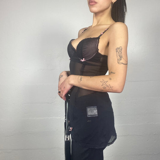 Vintage 2000's Goth Babydoll Black Mesh Long Corset Top with Pink Rosettes Detail (S)