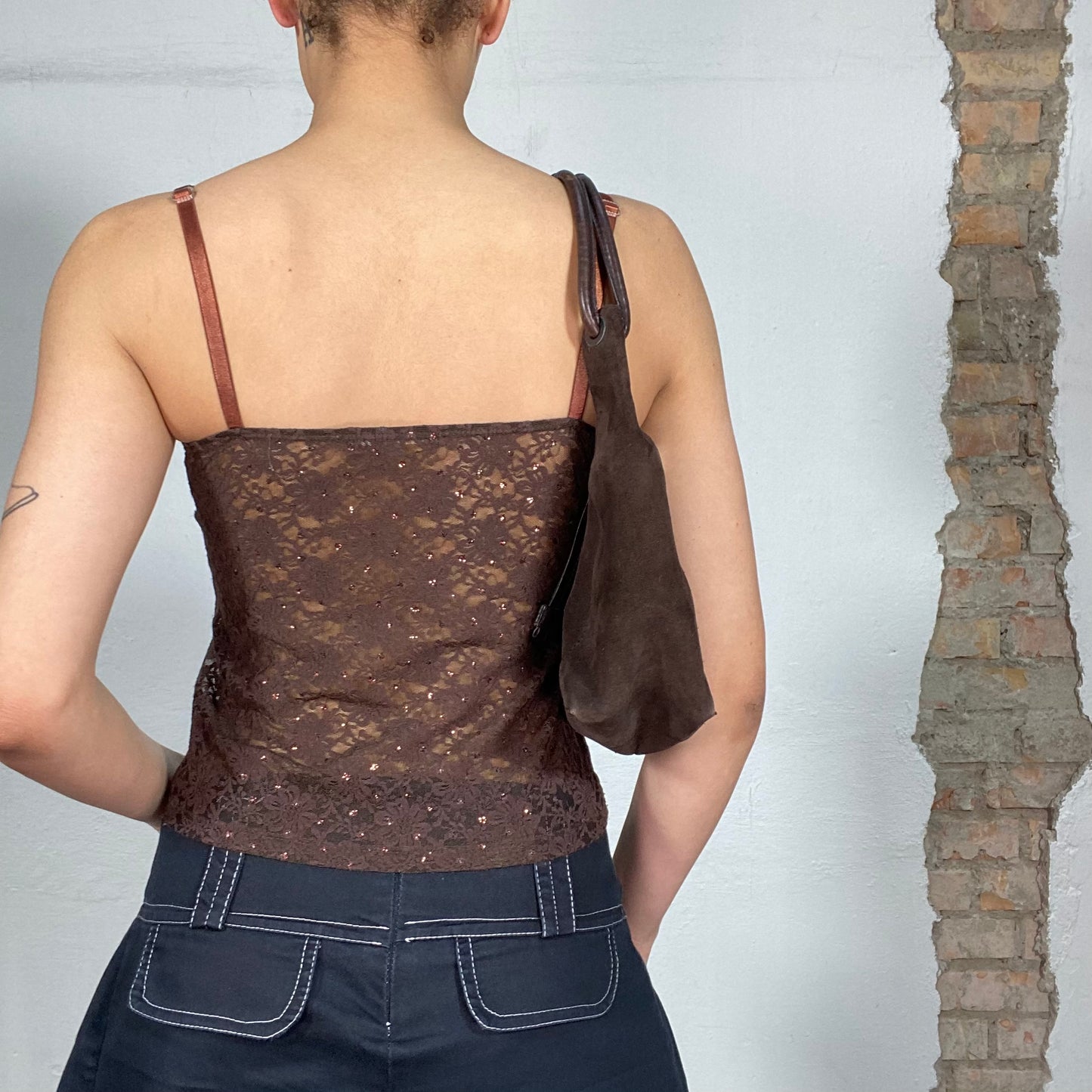 Vintage 2000's Coquette Brown Lace Top with Small Bow Detail (S)