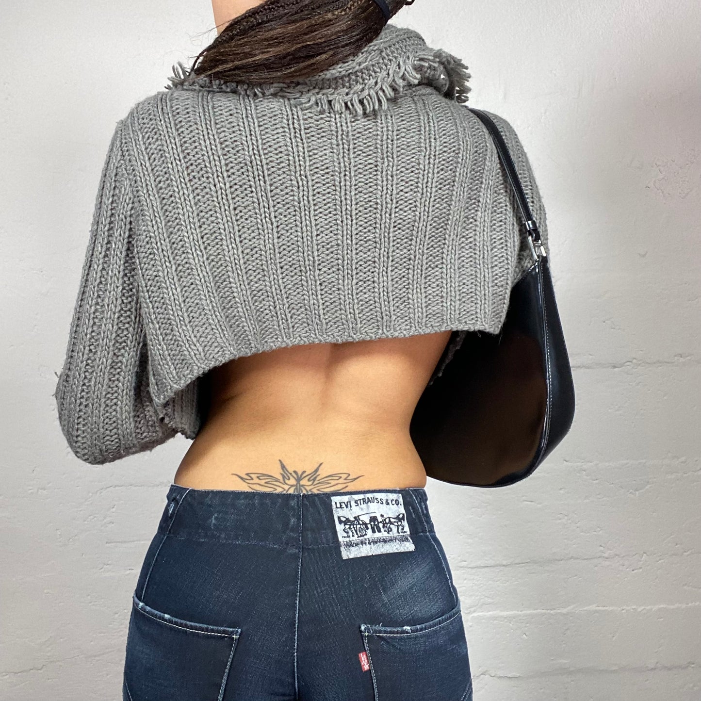 Vintage 2000's Downtown Girl Grey Drapped Turtleneck Open Cardigan (M)
