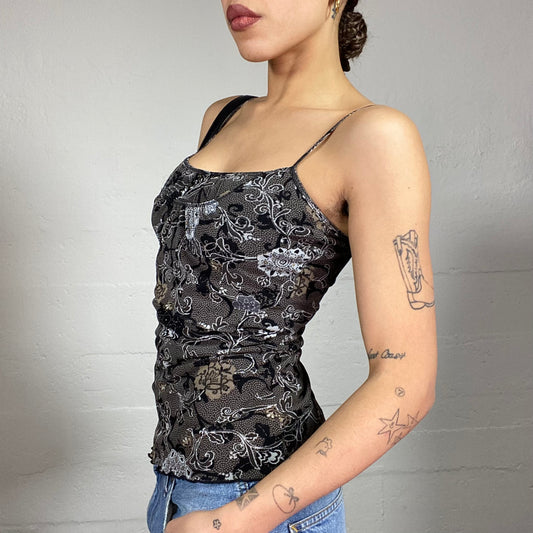 Vintage 2000's Romantic Girl Black Top with Floral Print (S/M)