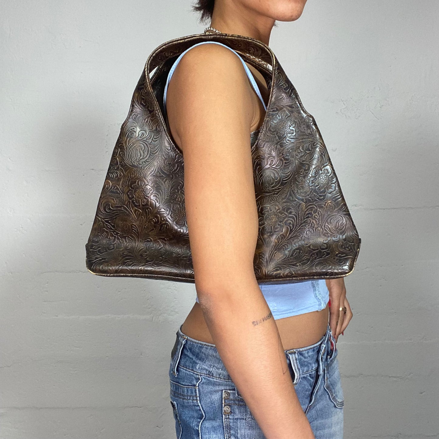Vintage 90's Cow Girl Brown Shoulder Bag with Floral Engraved Detail