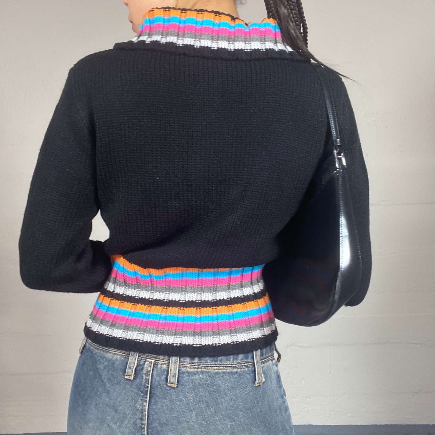 Vintage 2000's Downtown Girl Black Zip Up Knitted Hoodie with Multi Colour Stripes Trim Detail (S/M)