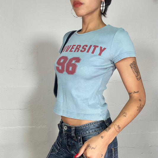 Vintage 2000's Downtown Girl Blue Crop Top with Red "University 96" Print Detail (XS)