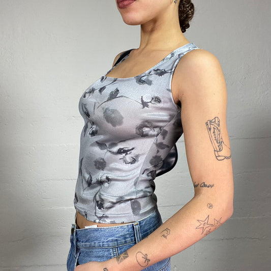 Vintage 2000's Romantic Girl Grey Square Neck Top with Roses Print (S)