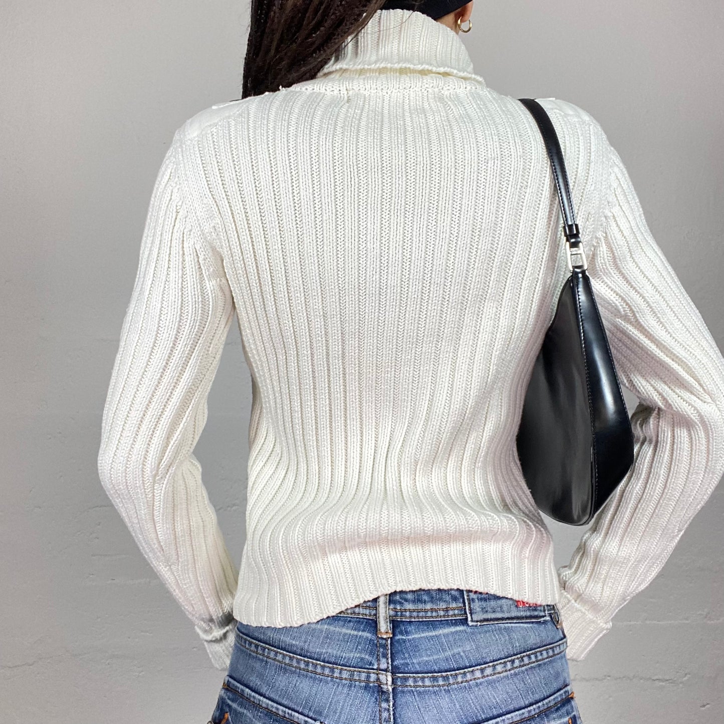 Vintage 2000's White Turtleneck Jumper With Patched Detail (S)