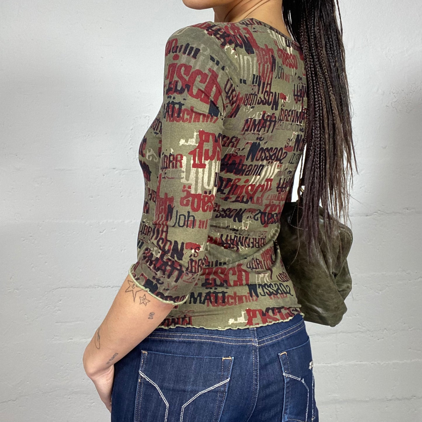 Vintage 2000's Rave Khaki Longsleeve Top with Monogram Print (S)