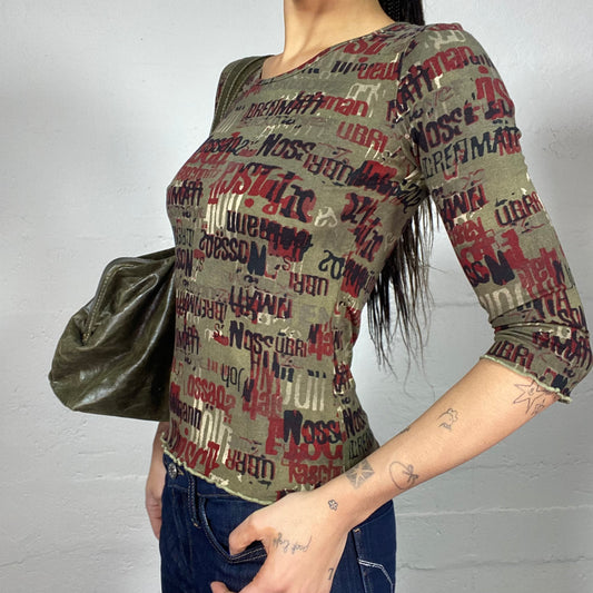 Vintage 2000's Rave Khaki Longsleeve Top with Monogram Print (S)