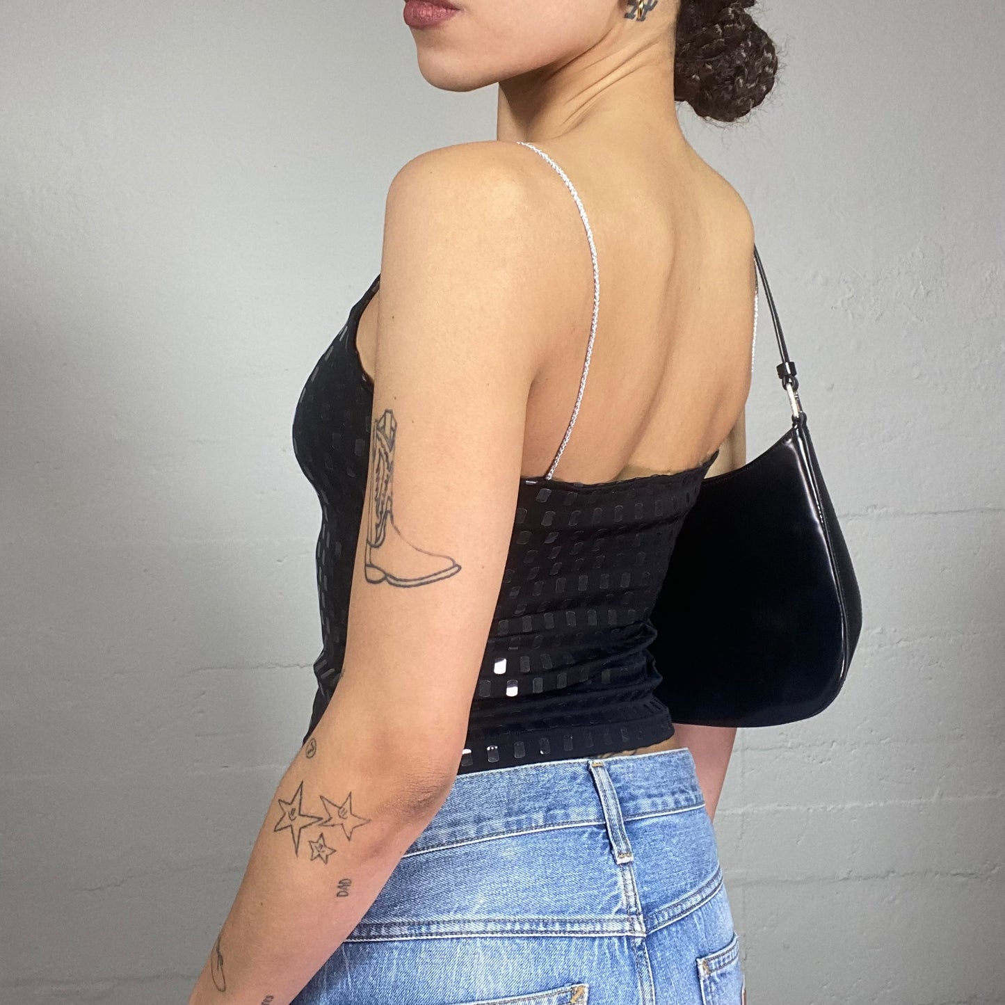 Vintage 2000's Clubwear Black Top with Square Sequins Covwering Detail (S/M)