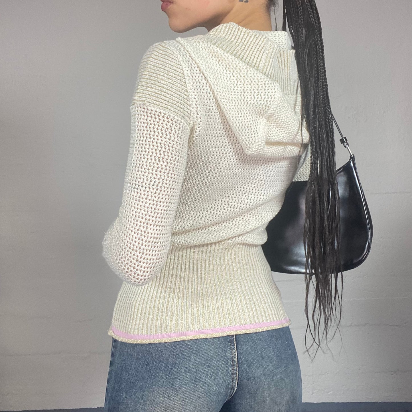 Vintage 2000's Downtown Girl Beige Zip Up Knitted Hoodie with Pink Trim Detail (S/M)