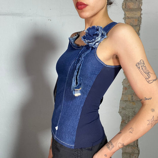 Vintage 2000's Morgan De Toi Denim Top with Raw Hem and Flower Detail (S)