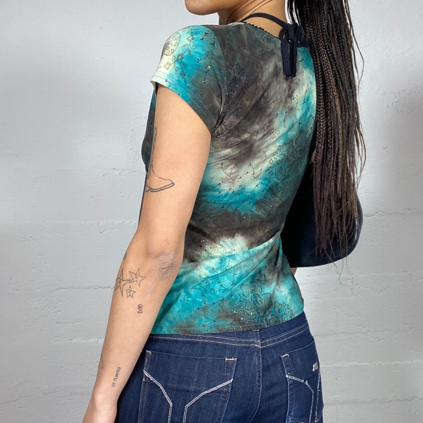 Vintage 2000's Fairy Girl Brown and Blue Tie Dye Top with Mesh Layer Detail (S)