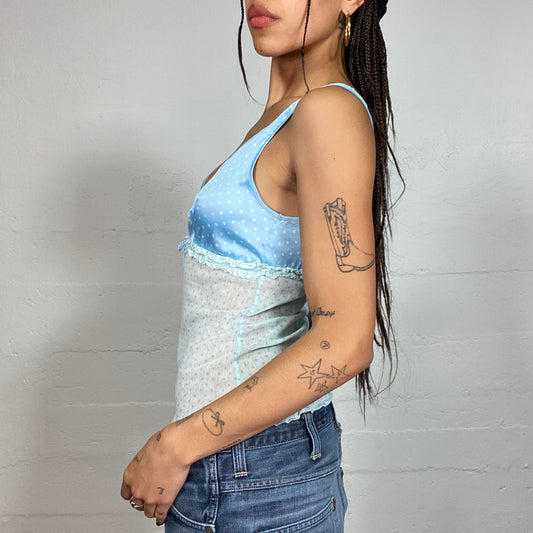 Vintage 2000's Babydoll Blue Polka Dots Top with Mesh Bottom Part (S/M)