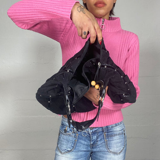 Vintage 90's Archive Black Leather Shoulder Bag with Sequins Trim Detail