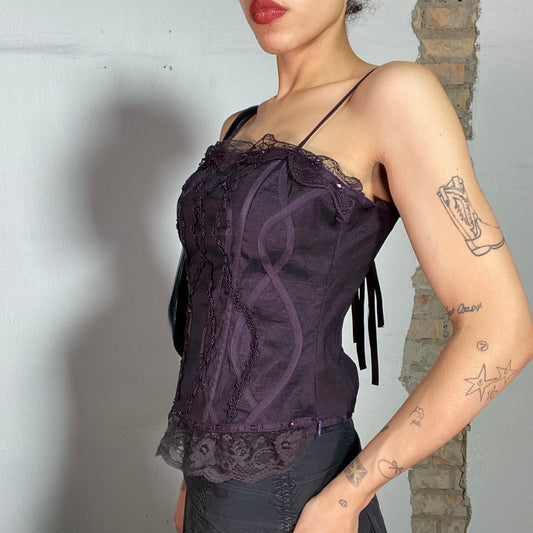 Vintage 2000's Coquette Purple Corset with Lace and Embroidery Details (S/M)