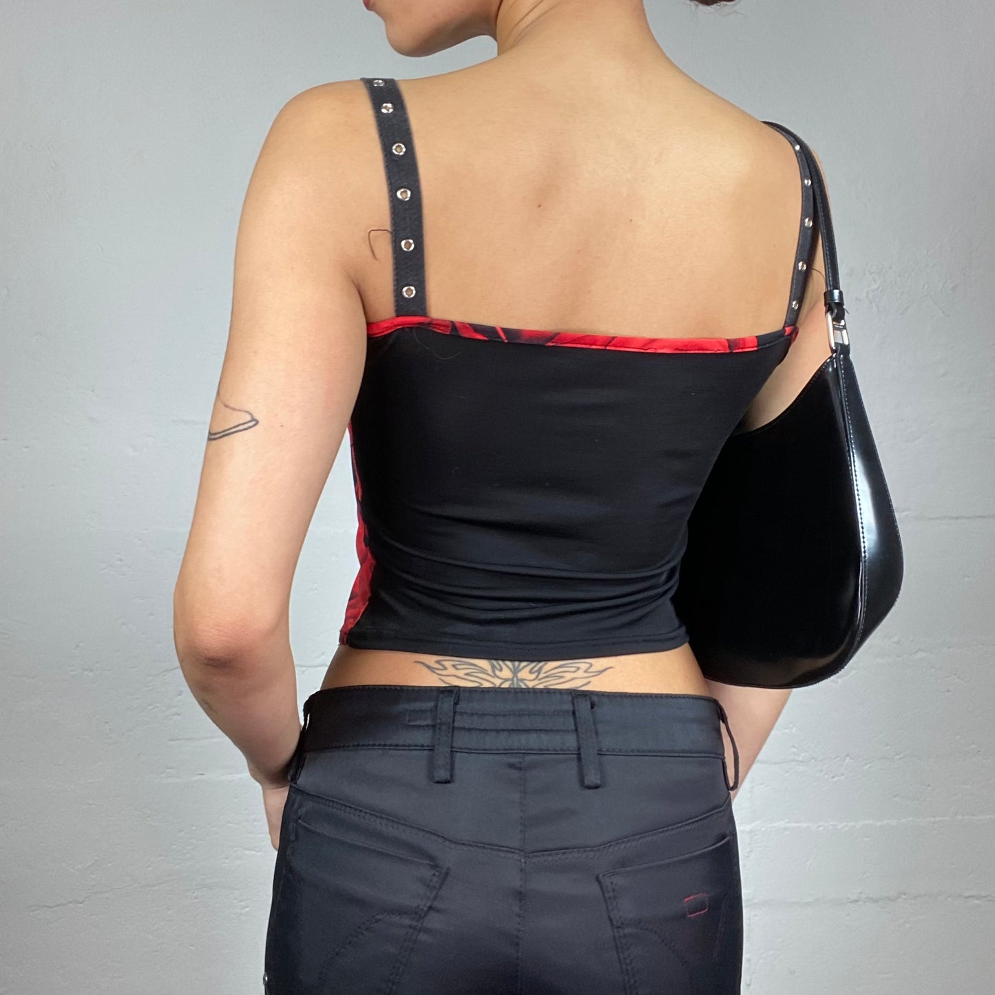 Vintage 2000's Clubwear Black Buckle Straps Top with Red Rose Maxi Print (XS)