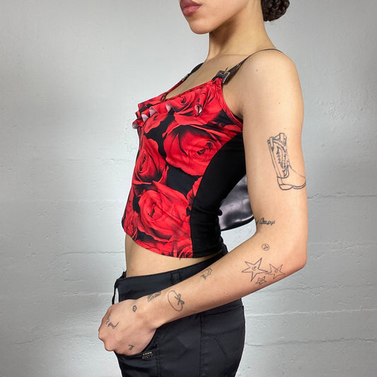 Vintage 2000's Clubwear Black Buckle Straps Top with Red Rose Maxi Print (XS)
