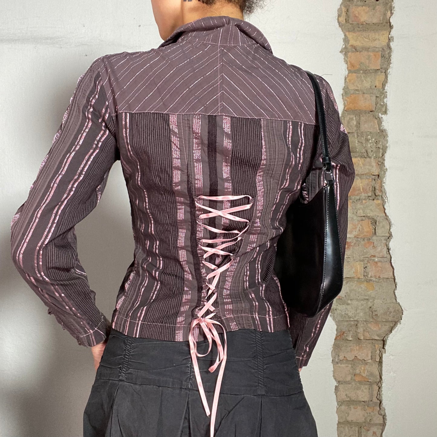 Vintage 2000's Punky Brown and Pink Zip Up Blouse with Ribbon Lace Up Detail (S)