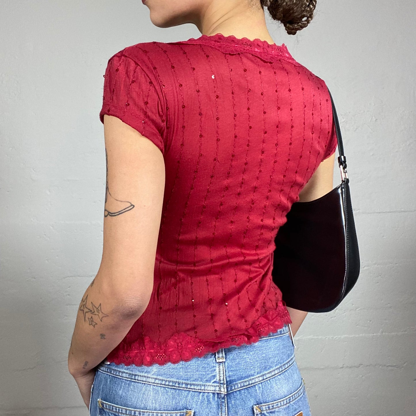 Vintage 2000's Romantic Girl Red Wrapped Top with Sequins Detail (S)