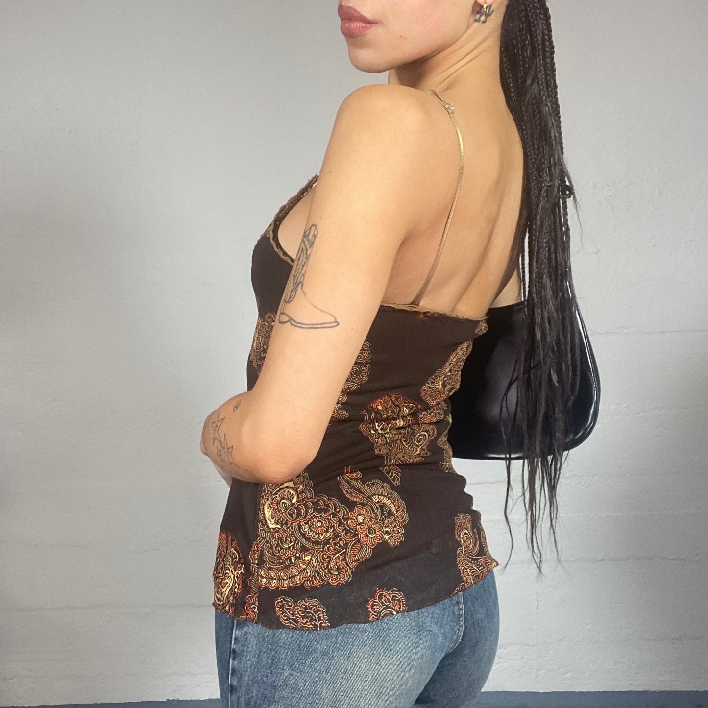 Vintage 2000's Desperate Housewive Brown Top with Orange Paisley Print Detail (S)