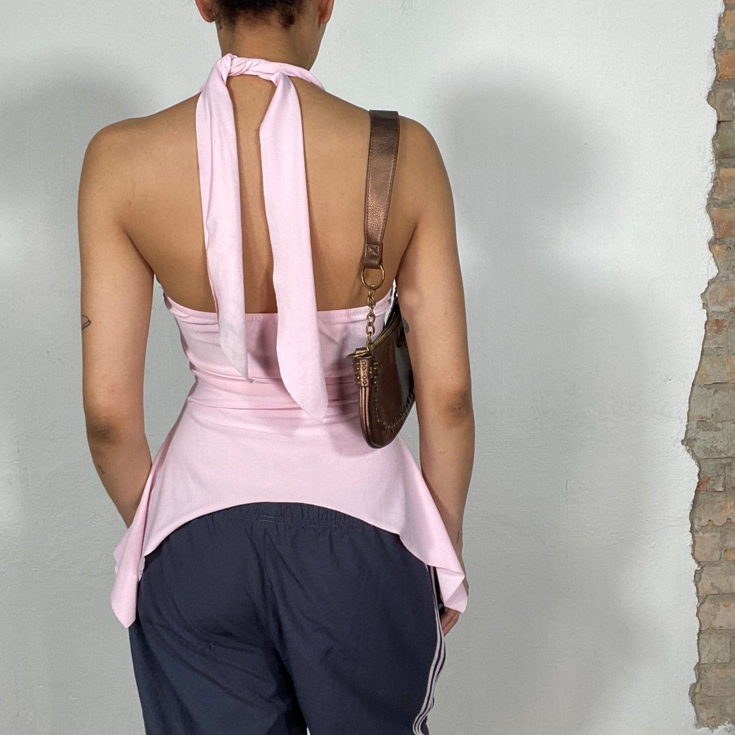 Vintage 2000's Indie Baby Pink Flowy Halter Neck Top with Ornament Print (S)