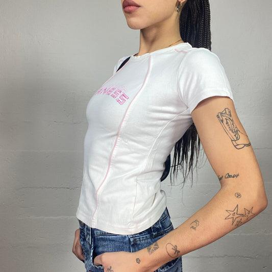 Vintage 2000's Airness Sporty White Cropped Tee with Pink Brand Name Detail (S)