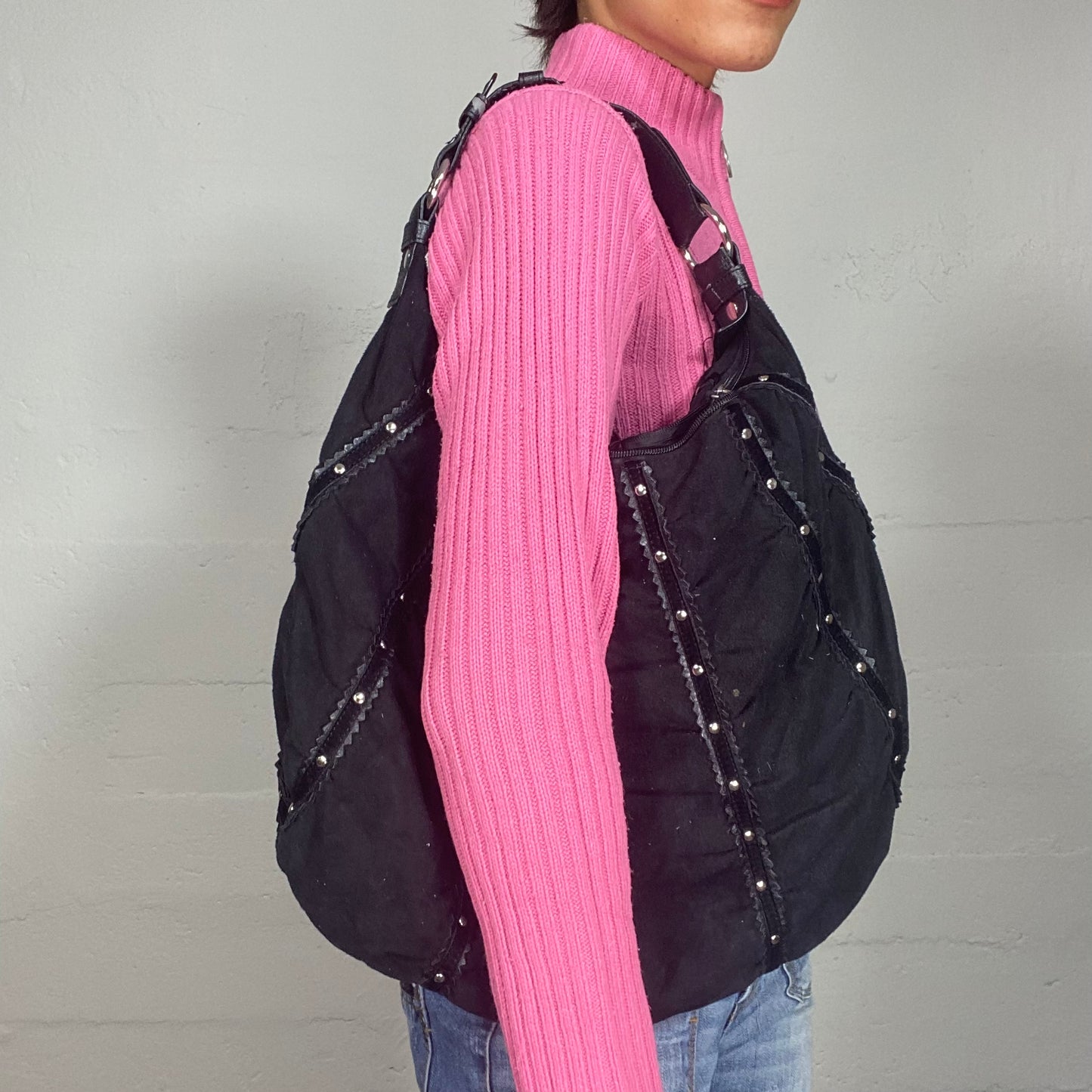 Vintage 90's Archive Black Leather Shoulder Bag with Sequins Trim Detail