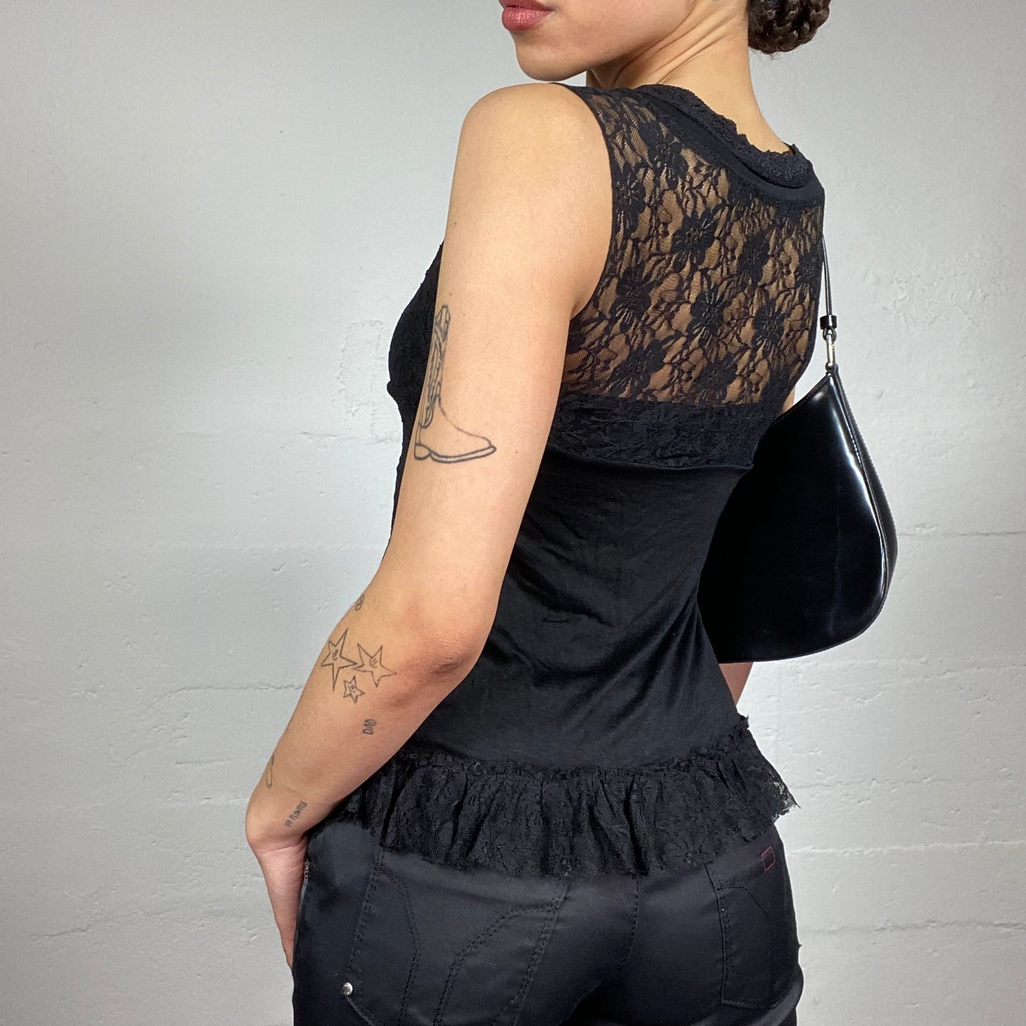 Vintage 2000's Whimsigoth Black Corset Top with Lace Covering Material (M/L)