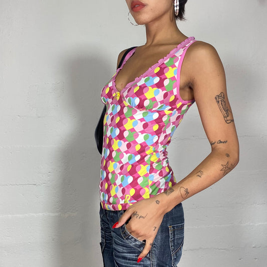 Vintage 2000's Barbie Core Pink Cami Top with Colourful Hearts Print (S)