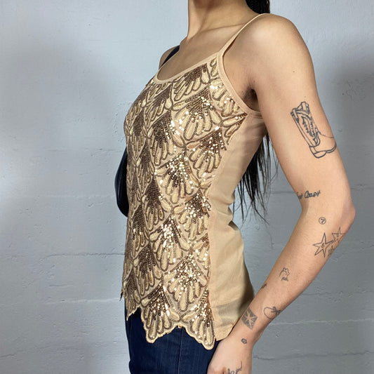 Vintage 2000's Festive Camel Knitted Top with Sequins Shell Print Detail (S/M)