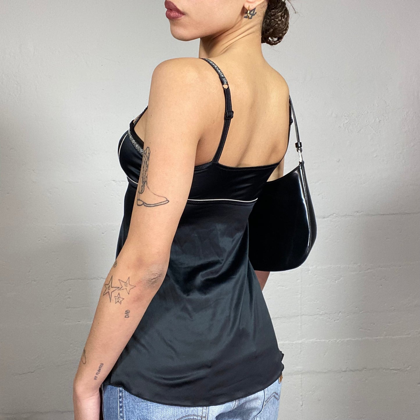 Vintage 2000's Romantic Girl Black Satin Top with Embroidery Work Trim Detail (S)