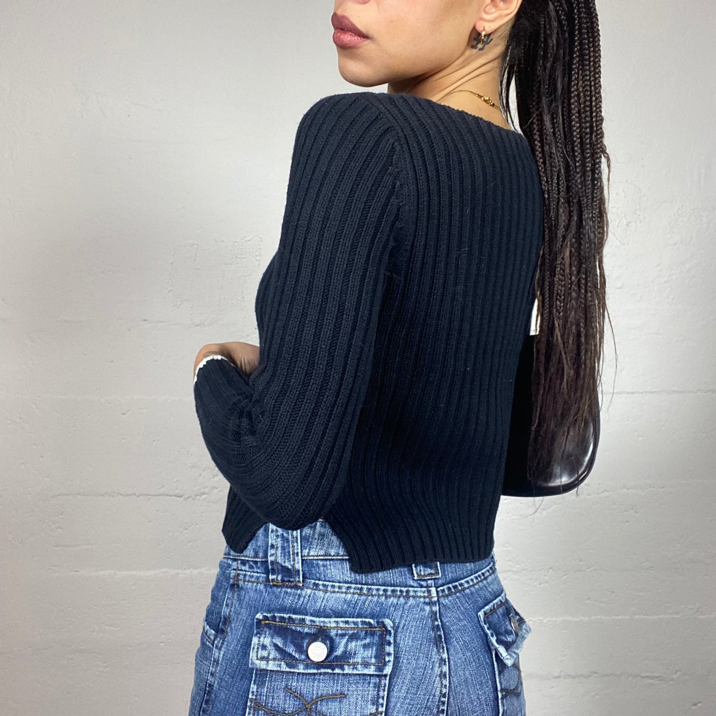 Vintage 2000's Pepe Jeans Black Knit Pullover with Navy Brand UK Flag Detail (S)