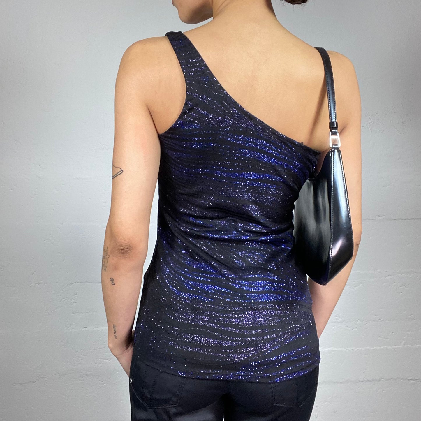 Vintage 2000's Clubwear Black and Blue Glittery One Shoulder Top (S)