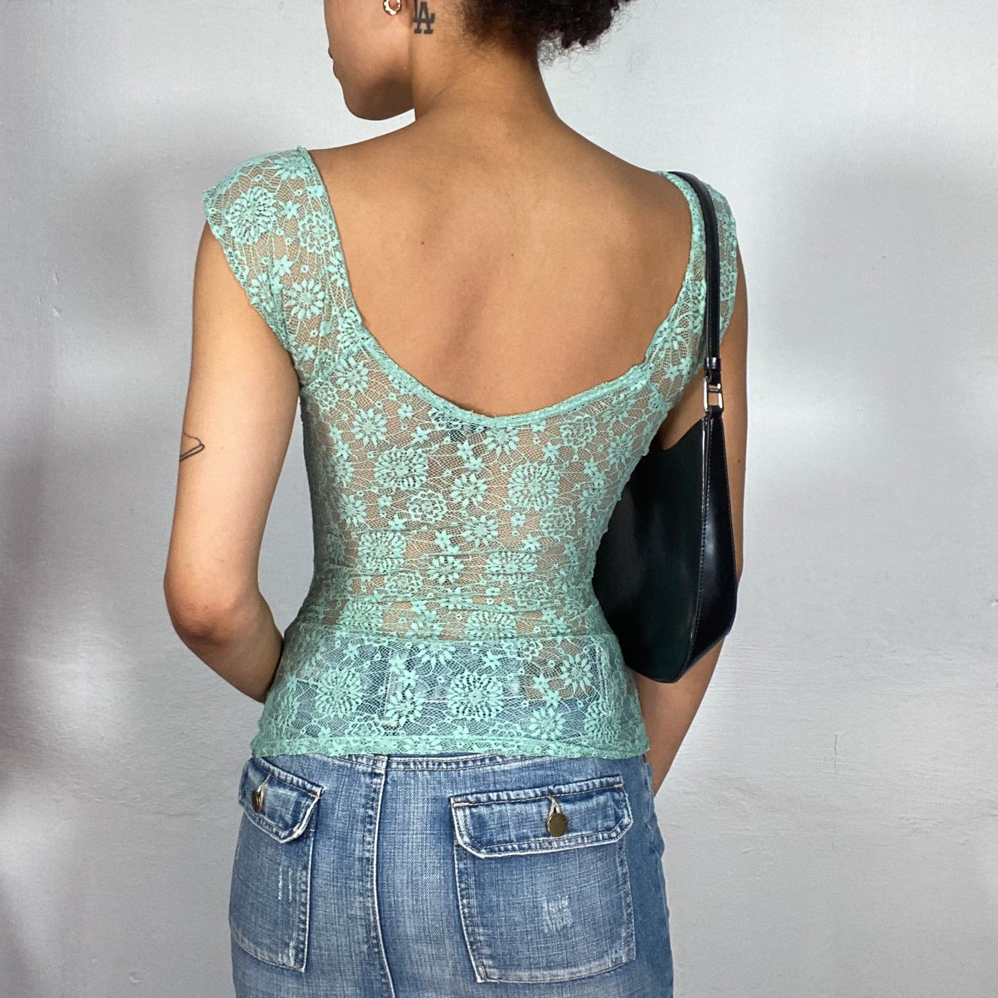 Vintage 2000's Coquette Turquoise Lace V-Neck Shirt (S)