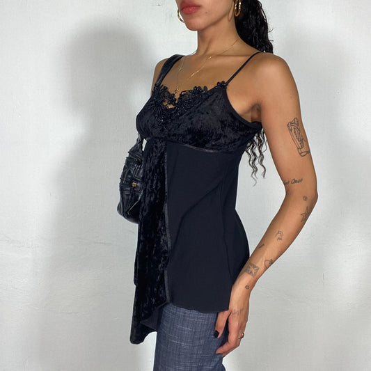 Vintage 2000's Clubwear Black Top with Velvet Draped Part and Floral Neck Detail (M)