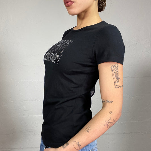 Vintage 2000's Pepe Jeans Black Top with Strass Brand "London" Print Detail (S)