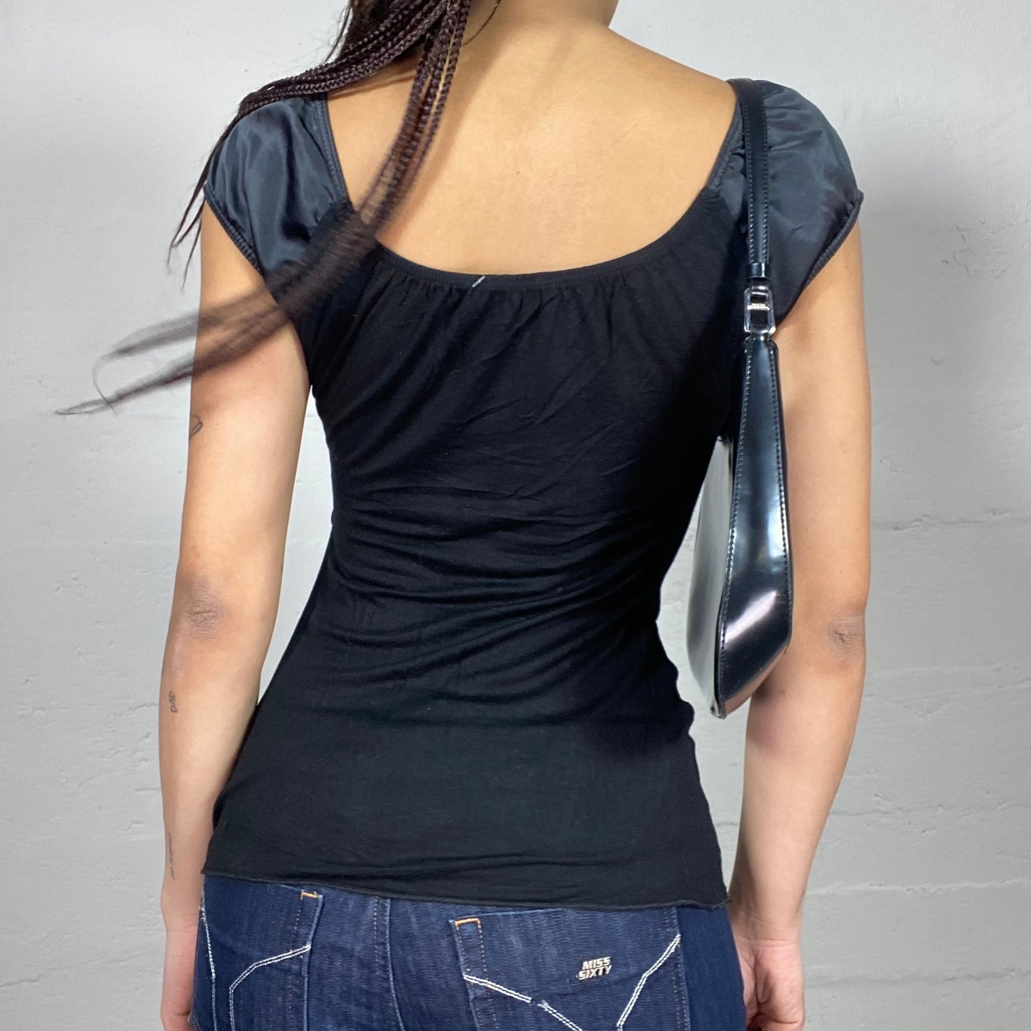 Vintage 2000's Soft Girl Black Top with Puffed Sleeves and Satin Maxi Ribbon Detail (S)