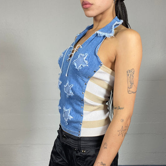 Vintage 2000's Americana Girl Denim Neckholder Top with Patched Stars Detail (S)